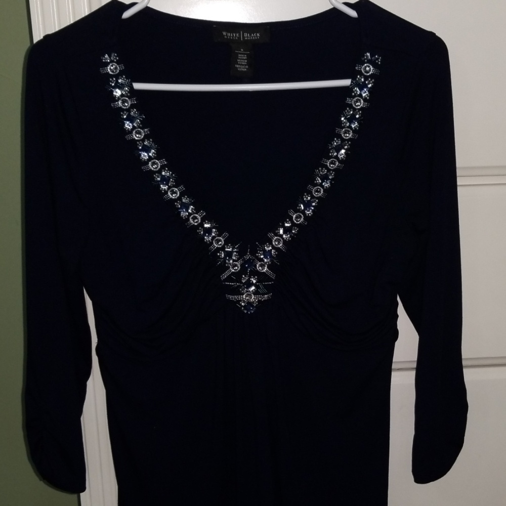 WHBM Beautiful Embellished Navy V-Neck top - Picture 5 of 7